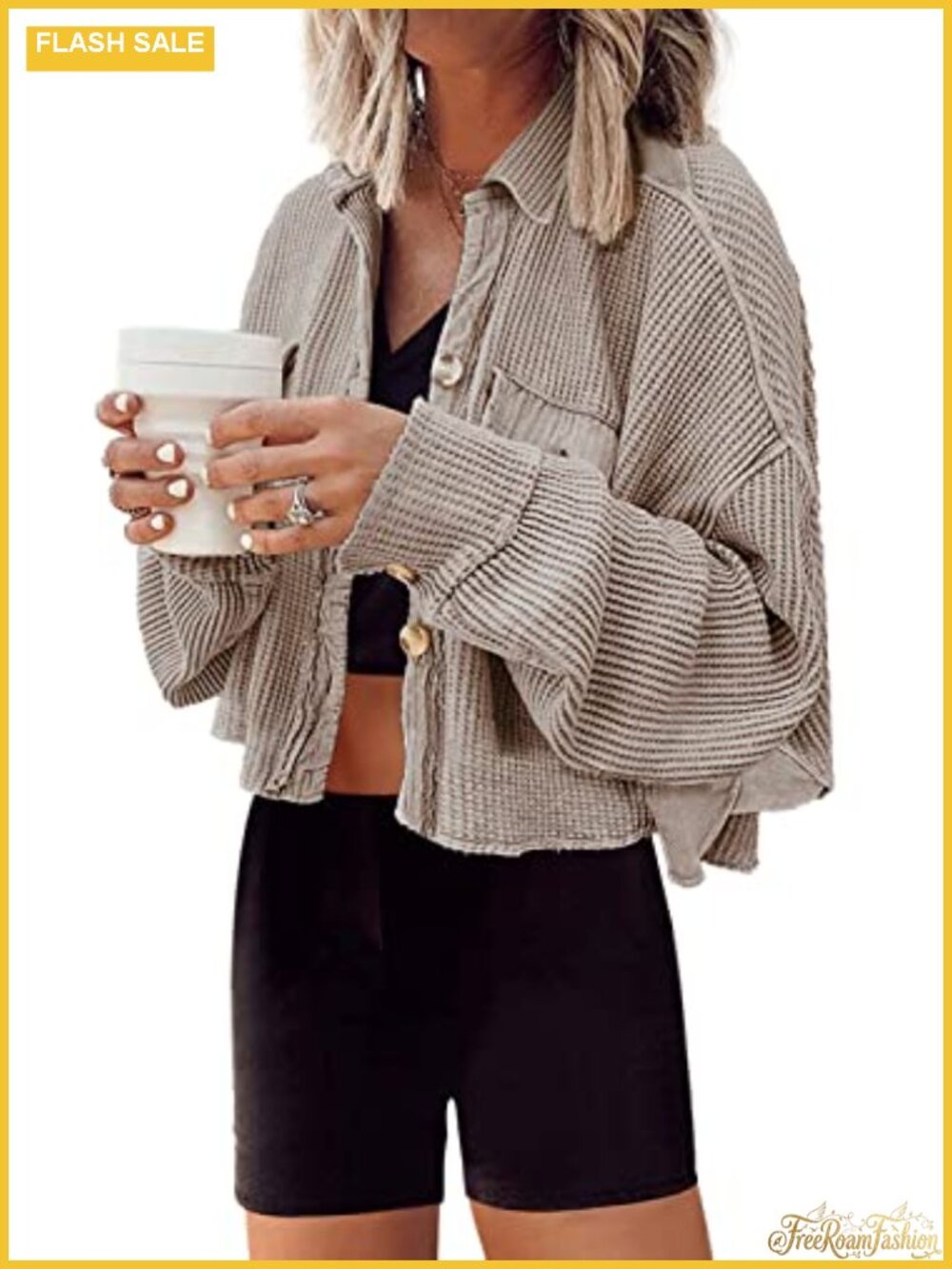 Waffle Knit Cropped Jacket Button Down Shacket Oversized Casual Coat
